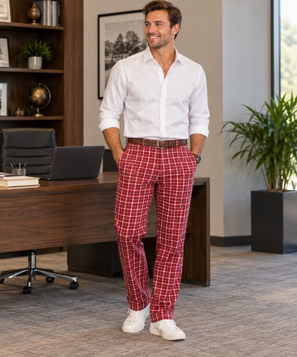 Y2K Tommy Hilfiger red Plaid Trousers Pants Golf Straight 42/32 Preppy